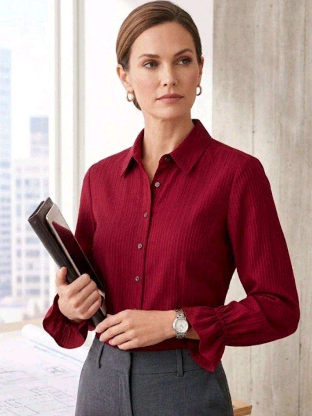 Talbots Ribbed Button-Down Blouse in Deep Red